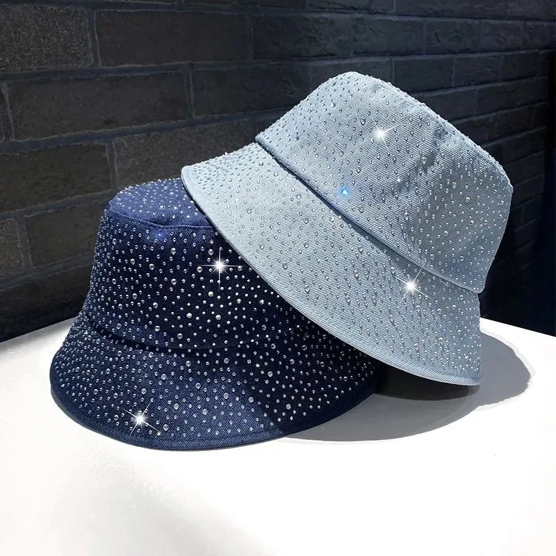 Denim Fisherman Hat Women's Korean Version Spring And Rhinestone Fashion Trend Bucket Hat