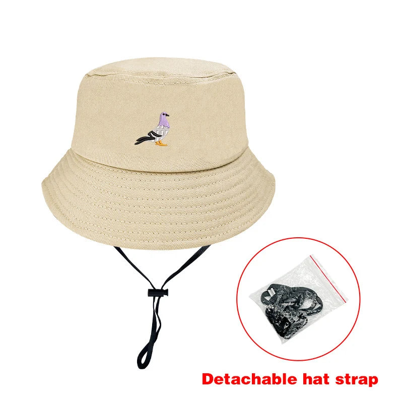 Embroidered Pigeon Cotton Bucket Hats Women Men