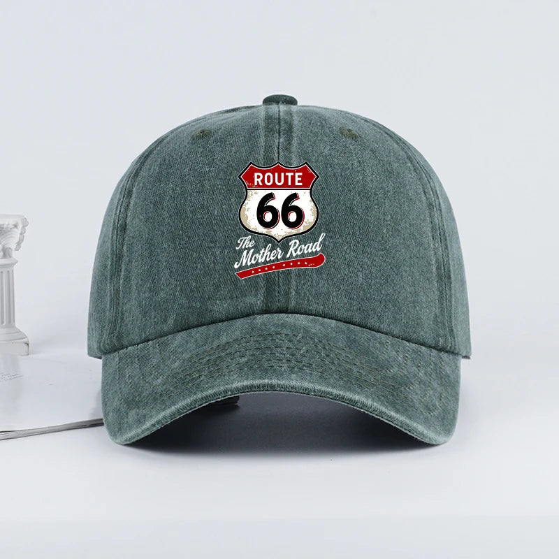 Vintage Route 66 "The Mother Road" Print Washed Baseball Cap
