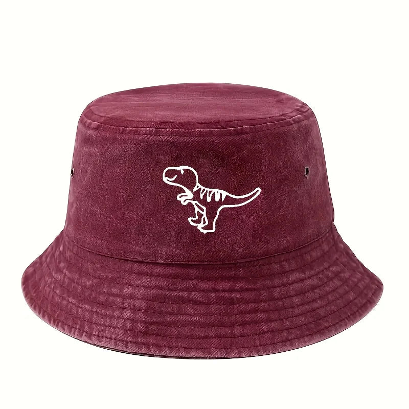 Bucket Hat Retro Washed Hat Flat Top Sunshade Hat Dinosaur Print