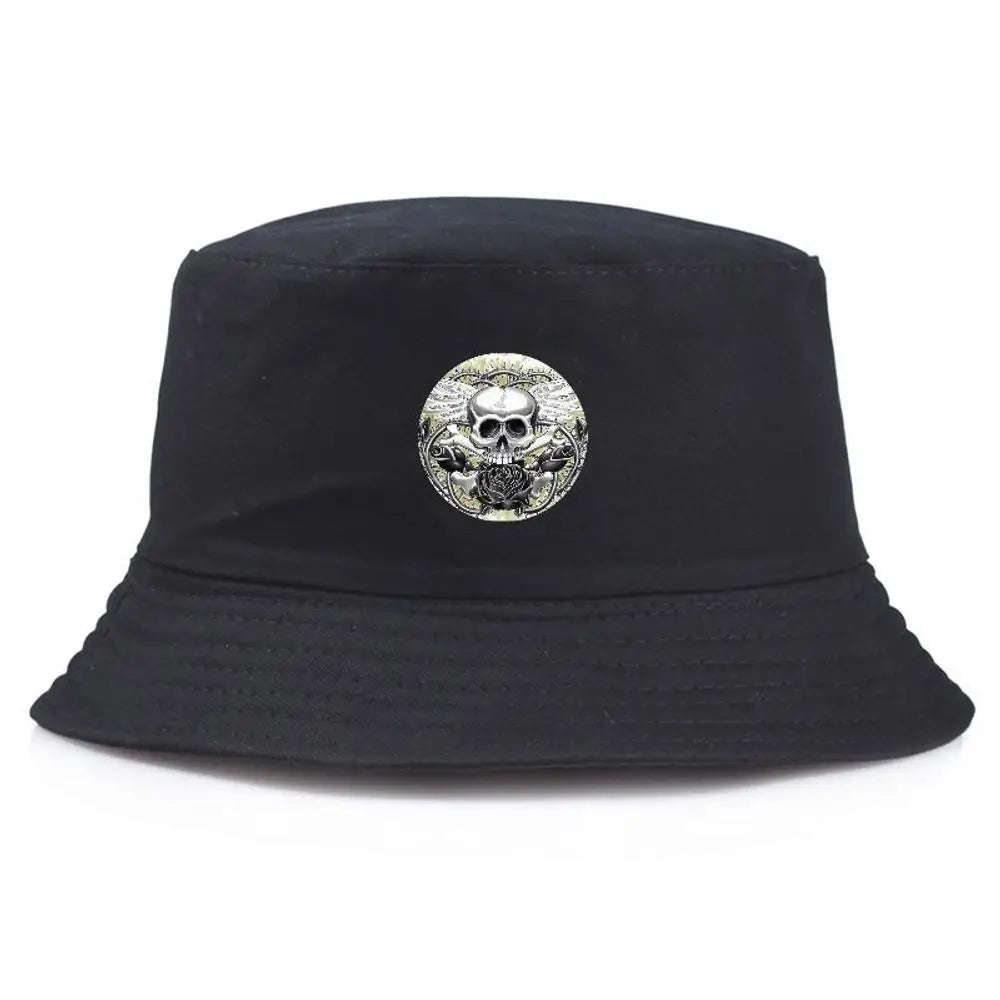 Black Bucket Hat With Skull & Rose Summer Fishing Hat For Men Women