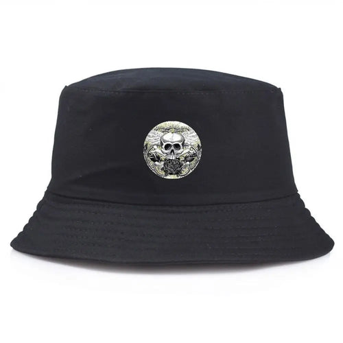 Black Bucket Hat With Skull & Rose Summer Fishing Hat For Men Women