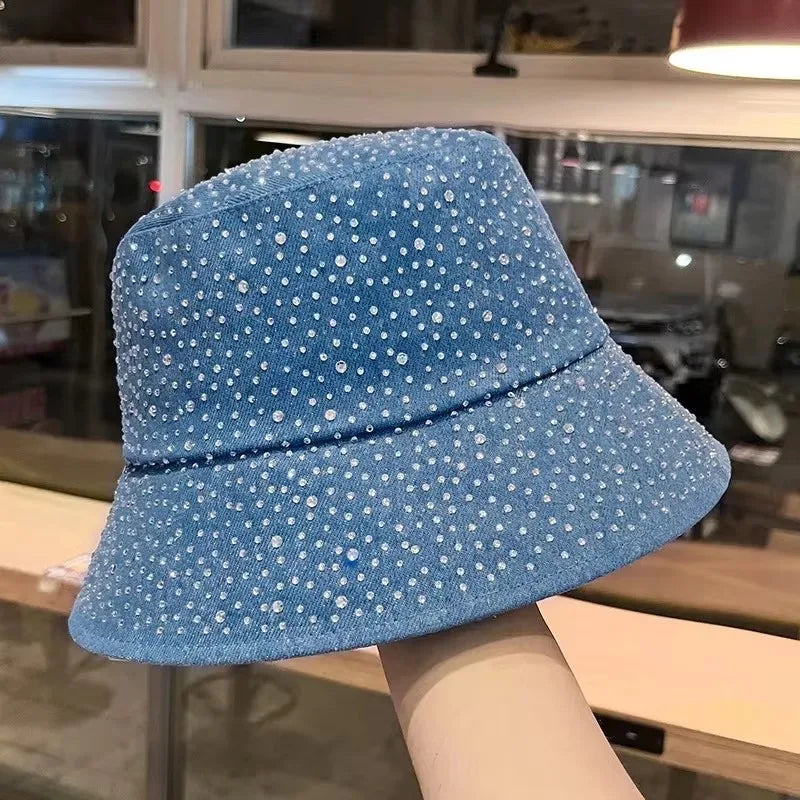 Denim Fisherman Hat Women's Korean Version Spring And Rhinestone Fashion Trend Bucket Hat