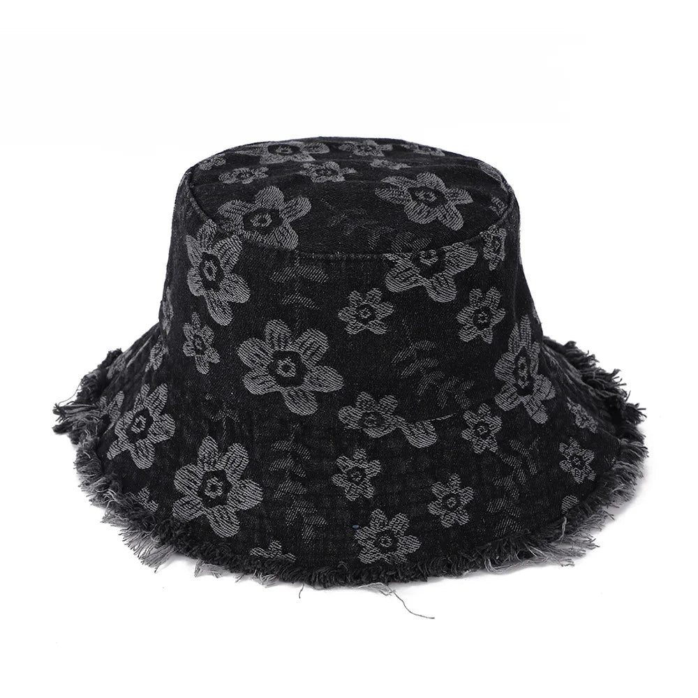 Sunscreen Denim Basin Hat Casual Wind Floral Burr Edge Versatile Bucket Hat