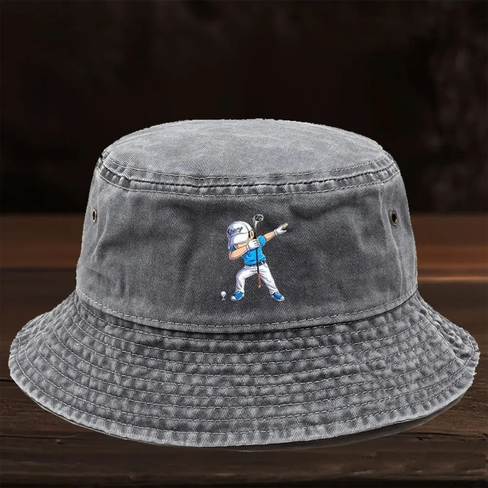 A Limited Edition Washed Bucket Hat Featuring a Cartoon Golf Figure Print Design
