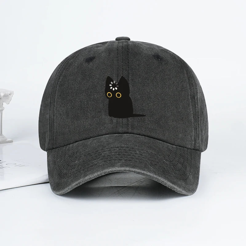 Cute Black Cat Print Washed Baseball Cap