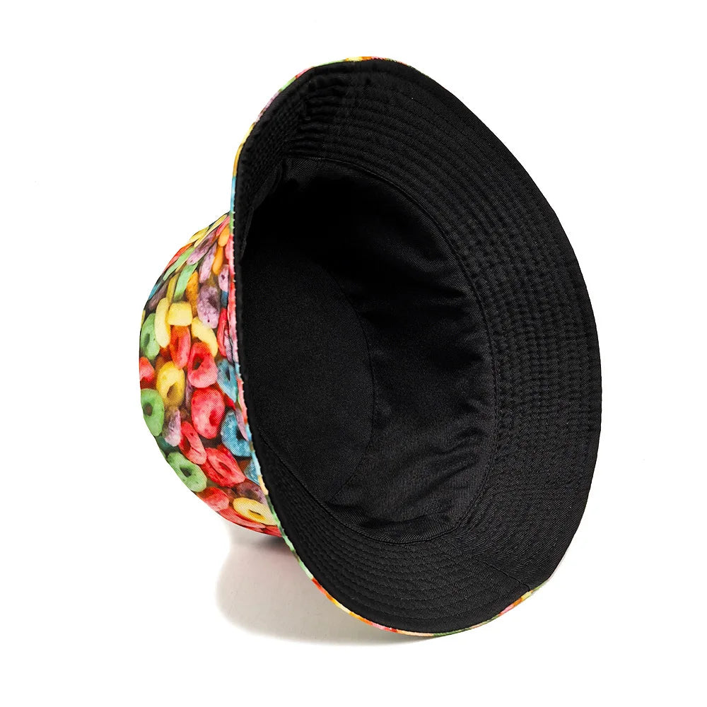 Donut Pattern Bucket Hat Cartoon Graffiti Printing Fisherman Hats Double Sided Panama Cap Men Women