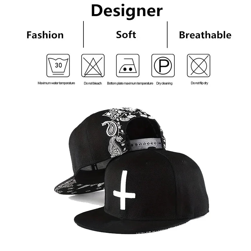 Unisex Flat Cross Embroidery Hip-Hop Hats Spring Autumn Adjustable Snapback Caps