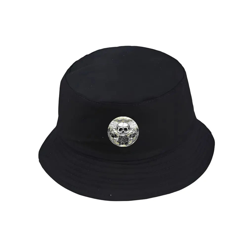 Black Bucket Hat With Skull & Rose Summer Fishing Hat For Men Women