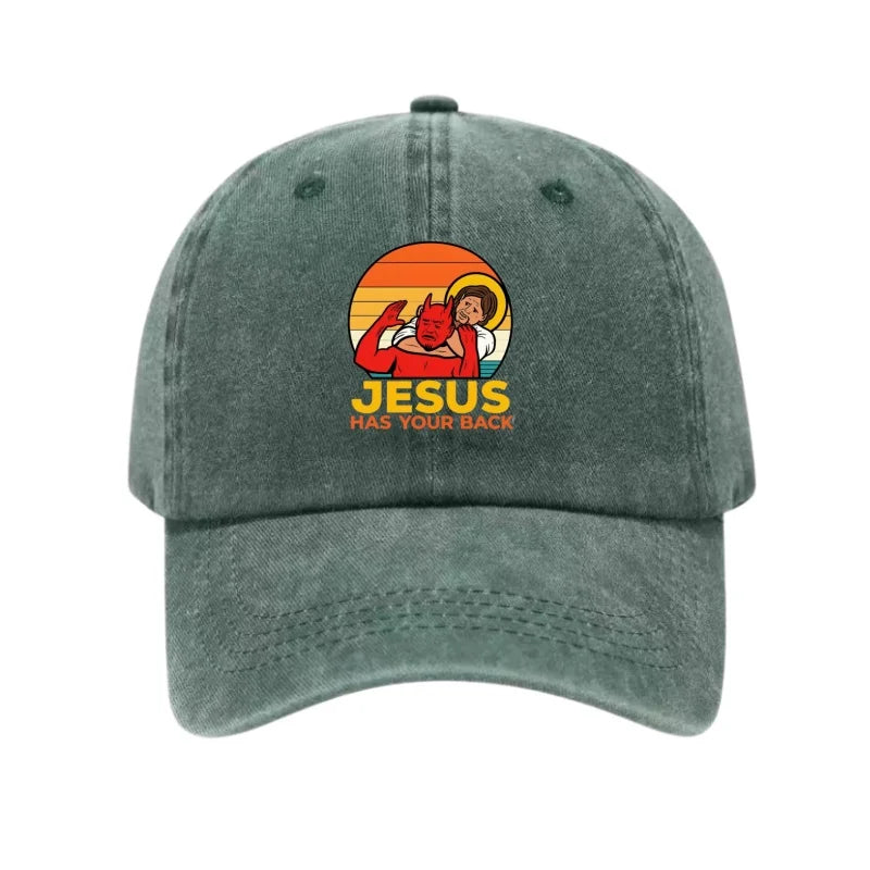 JESUS HAS YOUR BACK Printed Washed Cotton Adjustable Baseball Cap