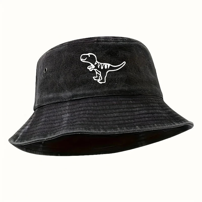 Bucket Hat Retro Washed Hat Flat Top Sunshade Hat Dinosaur Print