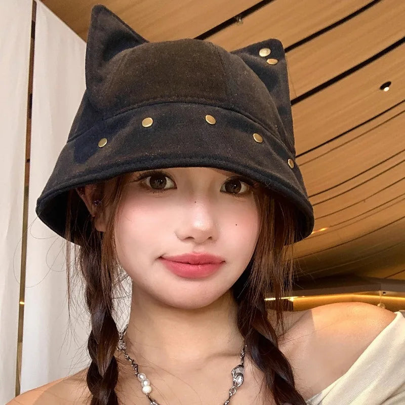 Cute Three dimensional Cat Ears Rivets Personalized Bucket Hat