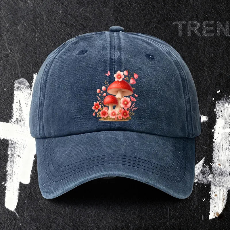Baseball Cap with Mushroom and Flower Print