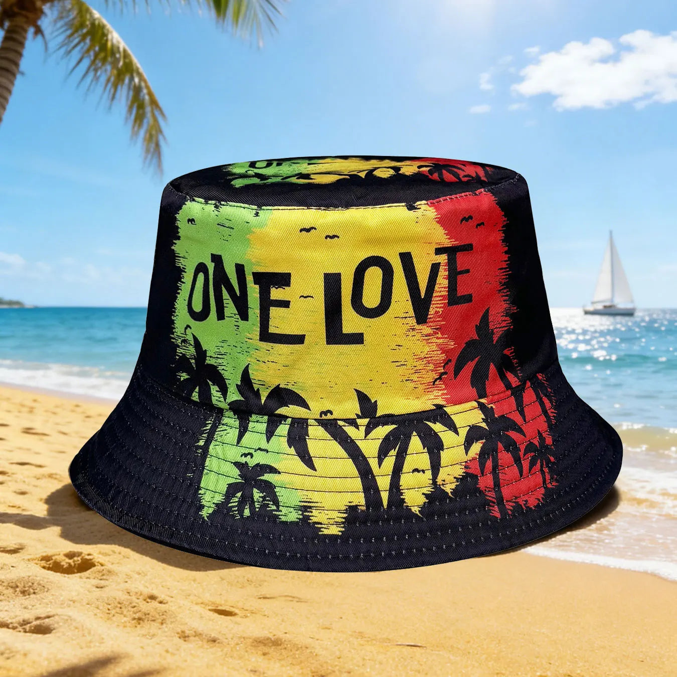 Coconut Tree Silhouette One Love 3D Graphic Fisherman Hat Bucket Hat