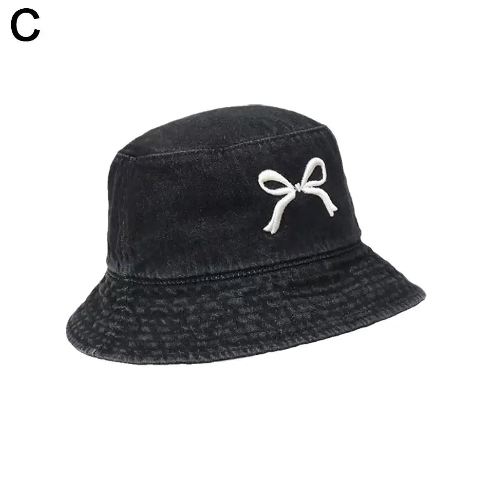 Bows Denim Bucket Hat Women Wide Brim