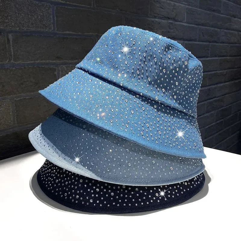 Denim Fisherman Hat Women's Korean Version Spring And Rhinestone Fashion Trend Bucket Hat