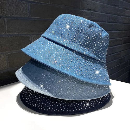 Denim Fisherman Hat Women's Korean Version Spring And Rhinestone Fashion Trend Bucket Hat