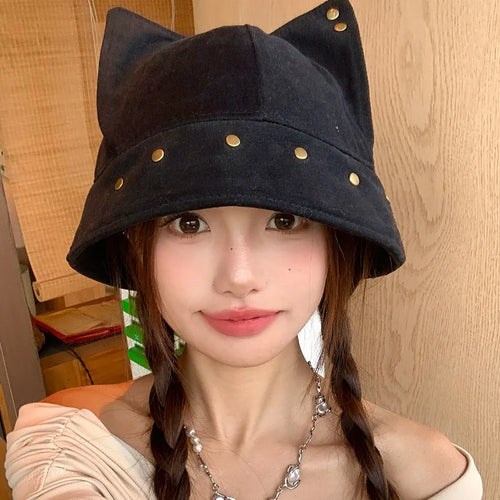Cute Three dimensional Cat Ears Rivets Personalized Bucket Hat