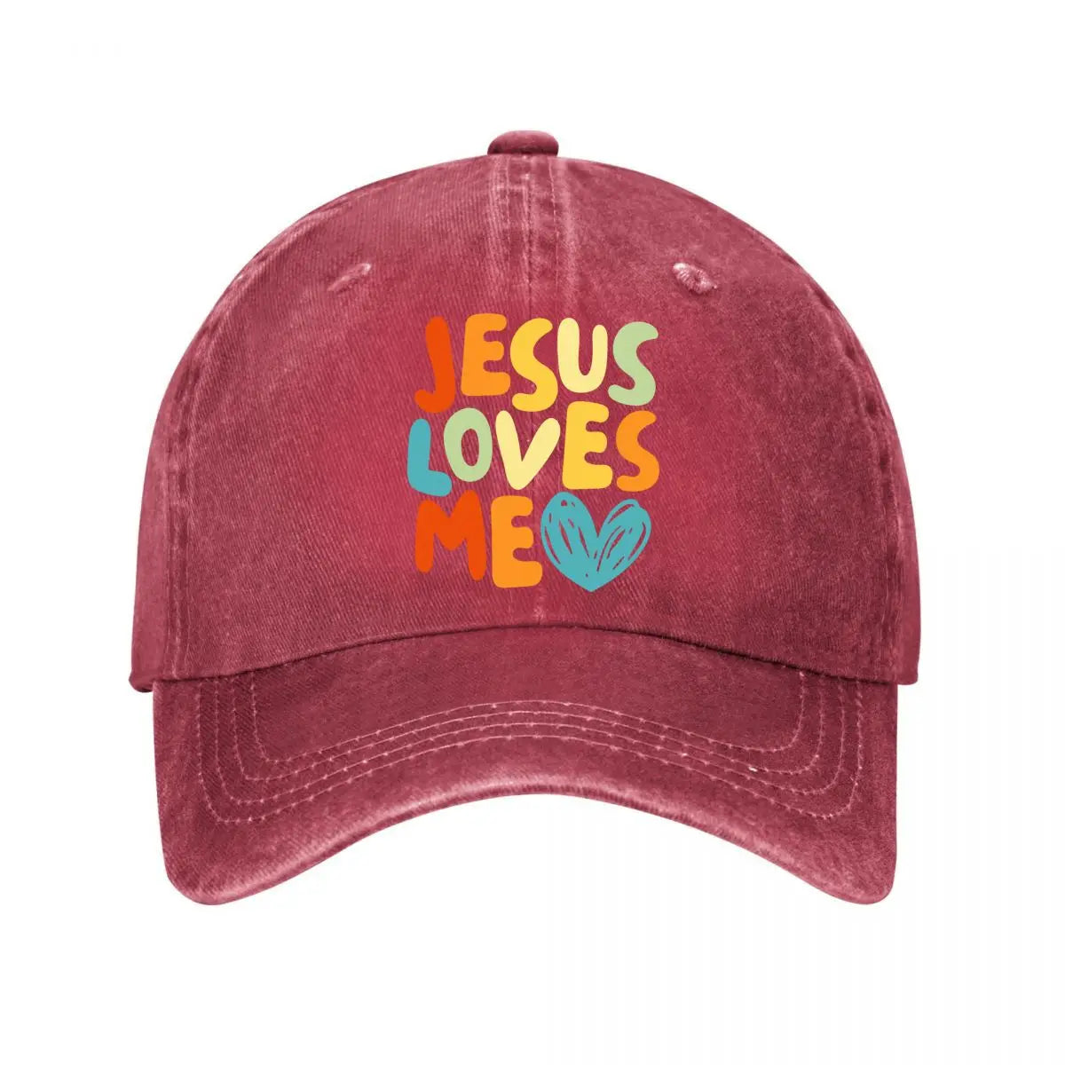 Jesus Loves Me Colorful Typography Heart Washed Baseball Cap