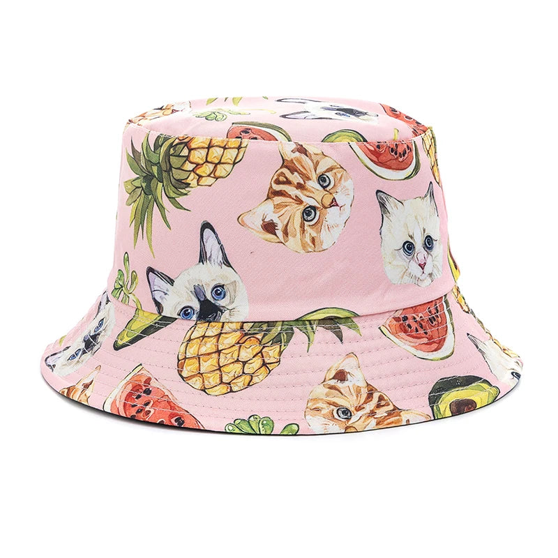 Unisex Bucket Hats Summer Double-Sided Wear Fruit Printing Men Women