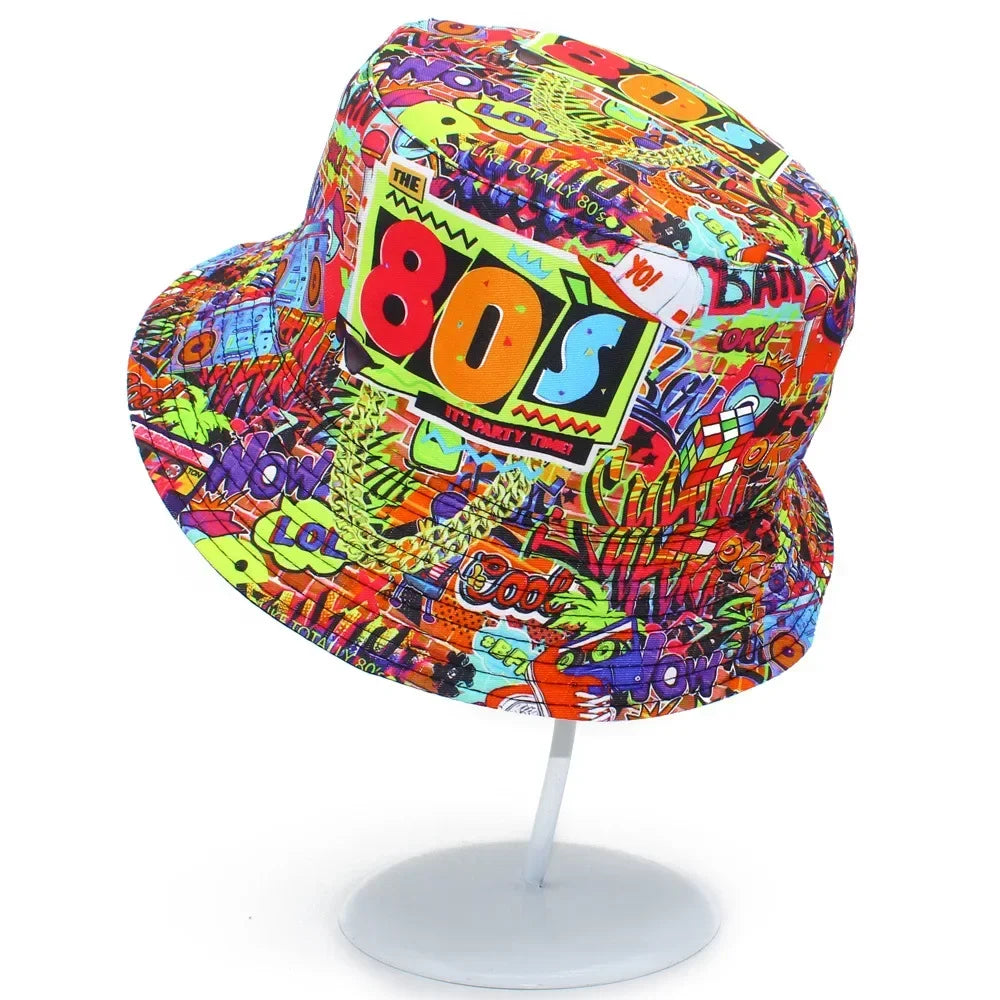 Bucket Hat 80s Printing Double Sided Flat Top Bob Panama Caps For Men Women