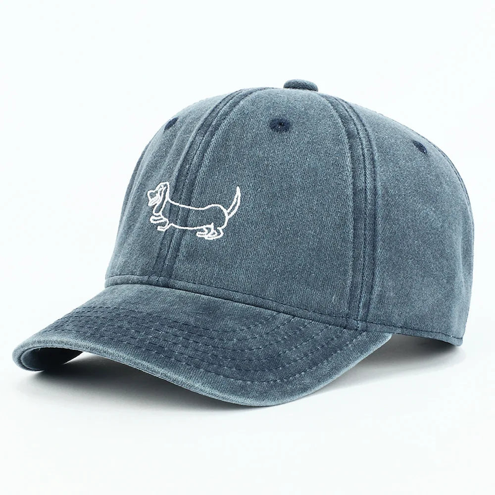Dog Patterned Embroidered Baseball Cap Men Women Vintage Washed Cotton