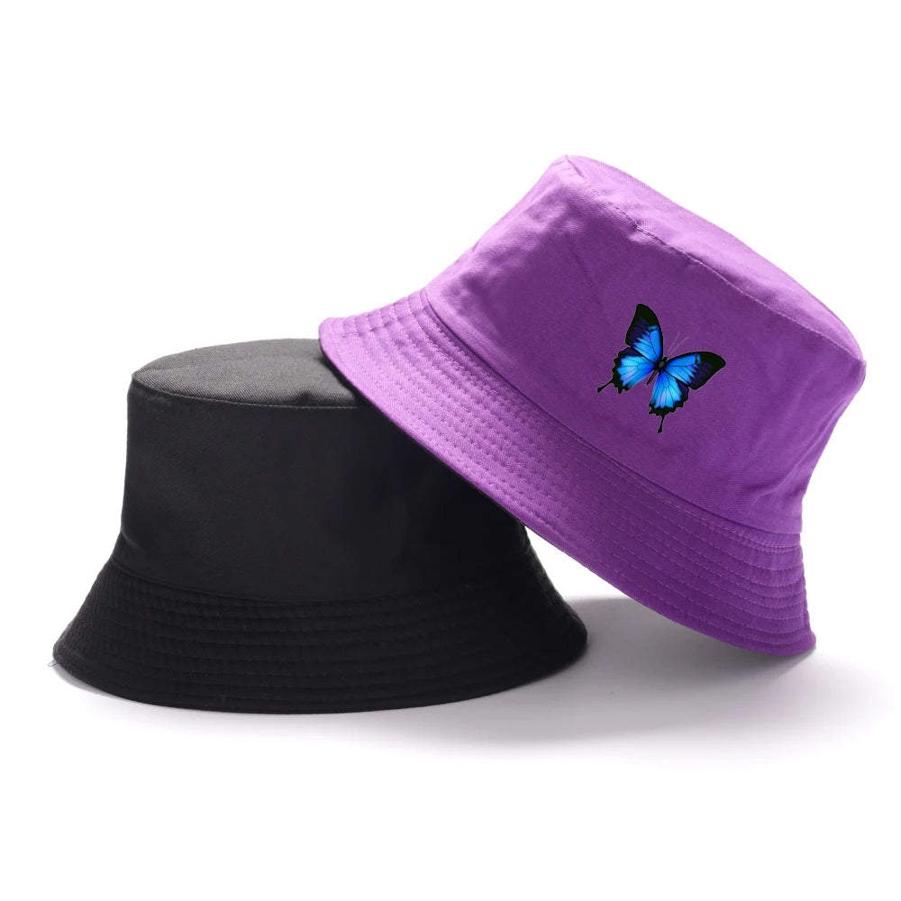 Blue Butterfly Harajuku Bucket Hat Casual Beach Sun Hat Panama Hat