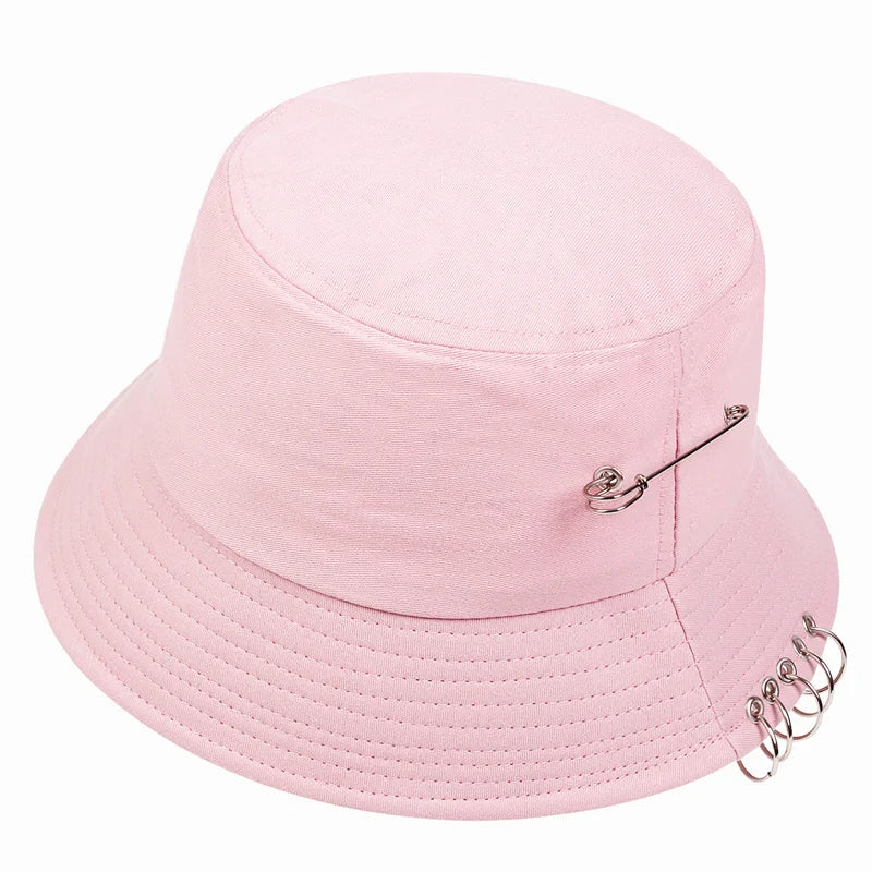 Solid Color Iron Pin Rings Personality Bucket Hat