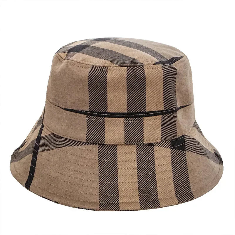 Women Bucket Hats Foldable Plaid Pattern Sun Hats Japanese Casual Winter Warm