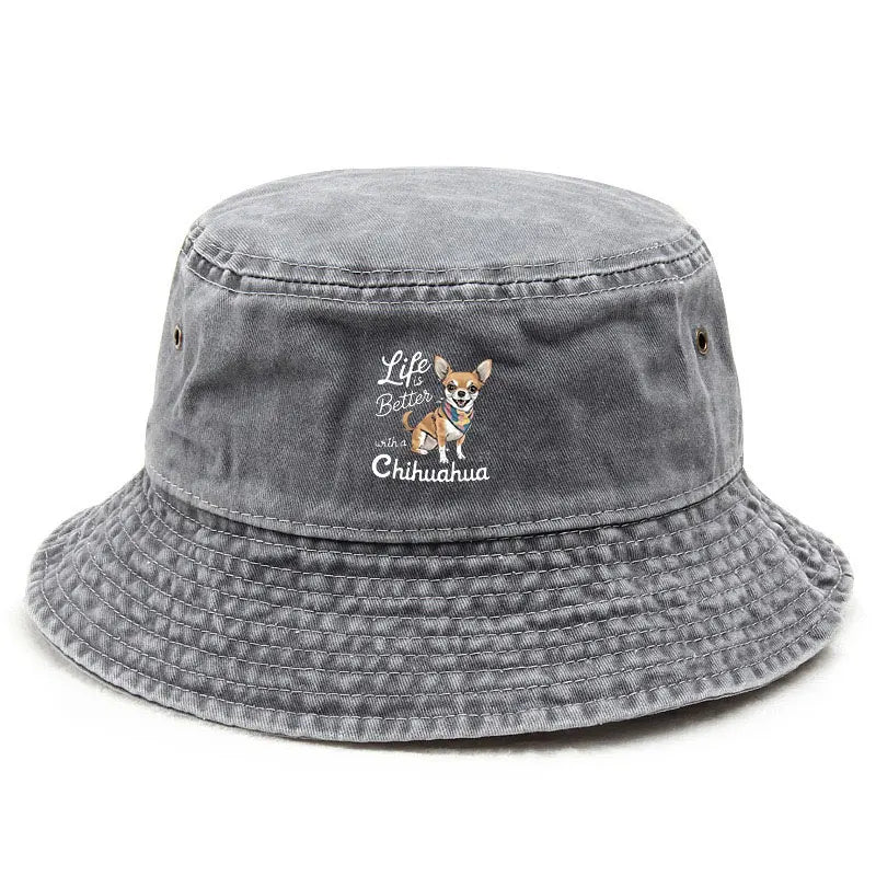 Chihuahua Lover Washed Bucket Hat Vintage Cute Dog Pattern Distressed Cotton