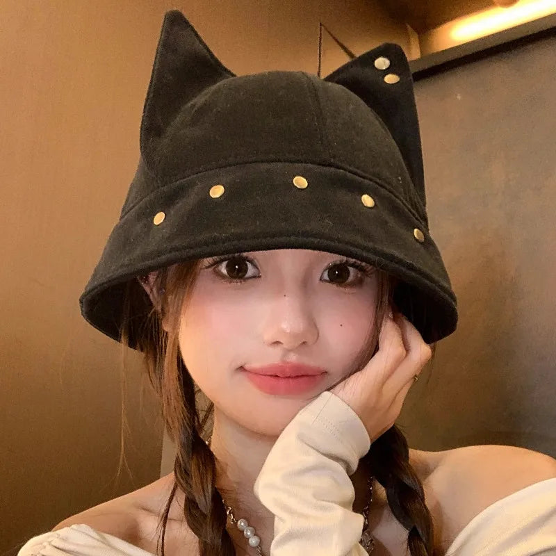 Cute Three dimensional Cat Ears Rivets Personalized Bucket Hat