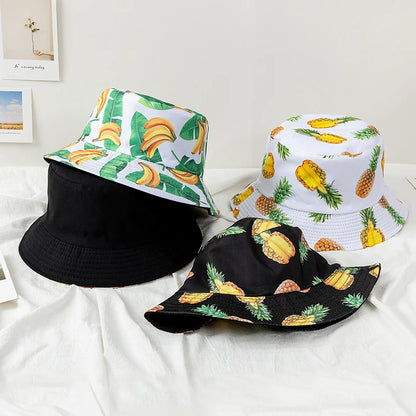 Unisex Bucket Hats Summer Double-Sided Wear Fruit Printing Men Women