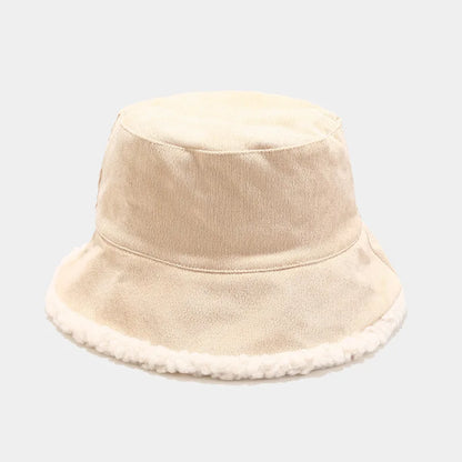 Reversible Faux Fur Bucket Hat Women Winter Lamb Wool Fleece Cap Corduroy Fisherman Hats