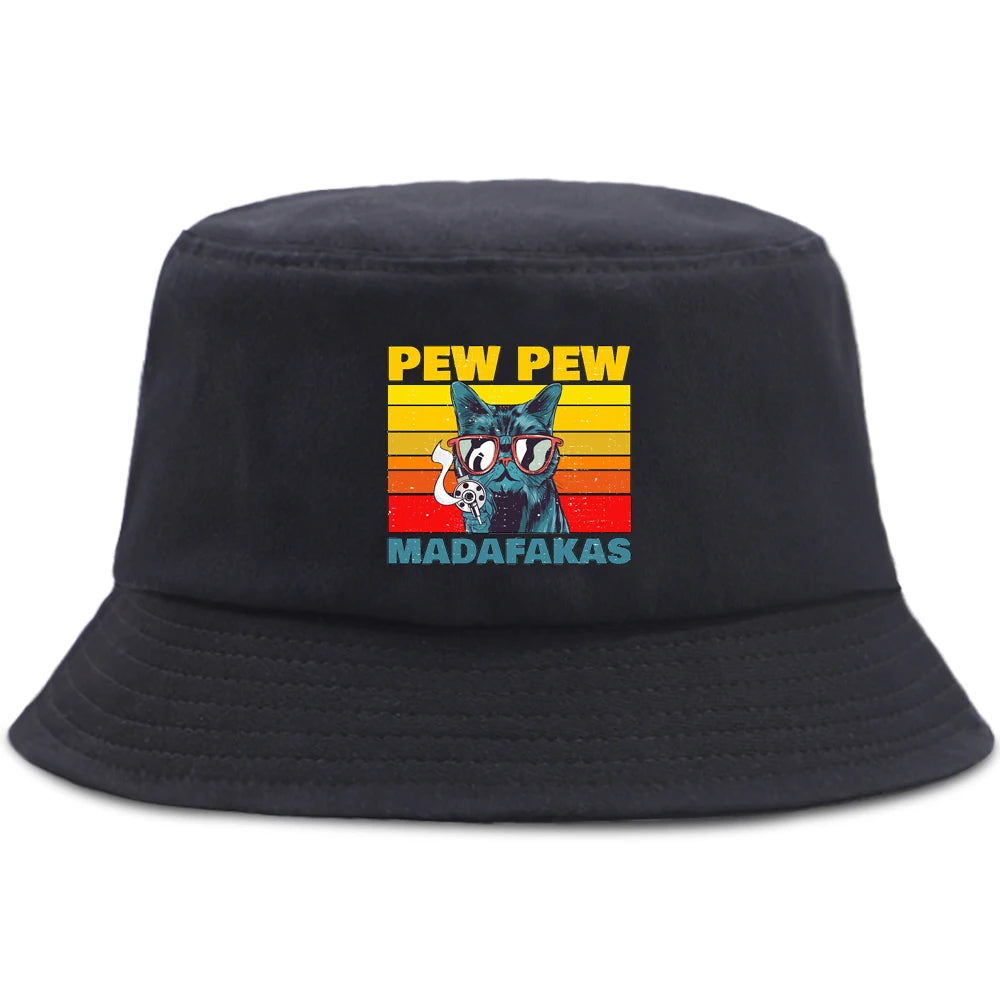 Pew Pew MADAFAKAS Black Cat Bucket Caps Women Street Beach Sun Hat Hip Hop Casual Fisherman Hats Men