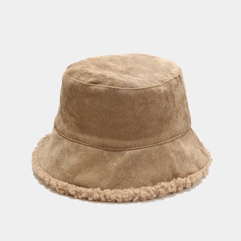 Reversible Faux Fur Bucket Hat Women Winter Lamb Wool Fleece Cap Corduroy Fisherman Hats