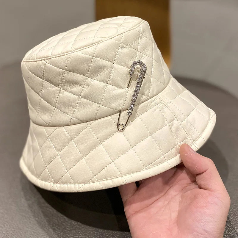 Warm Adult Women Casual PU Leather Plaid Pin Bucket Hat