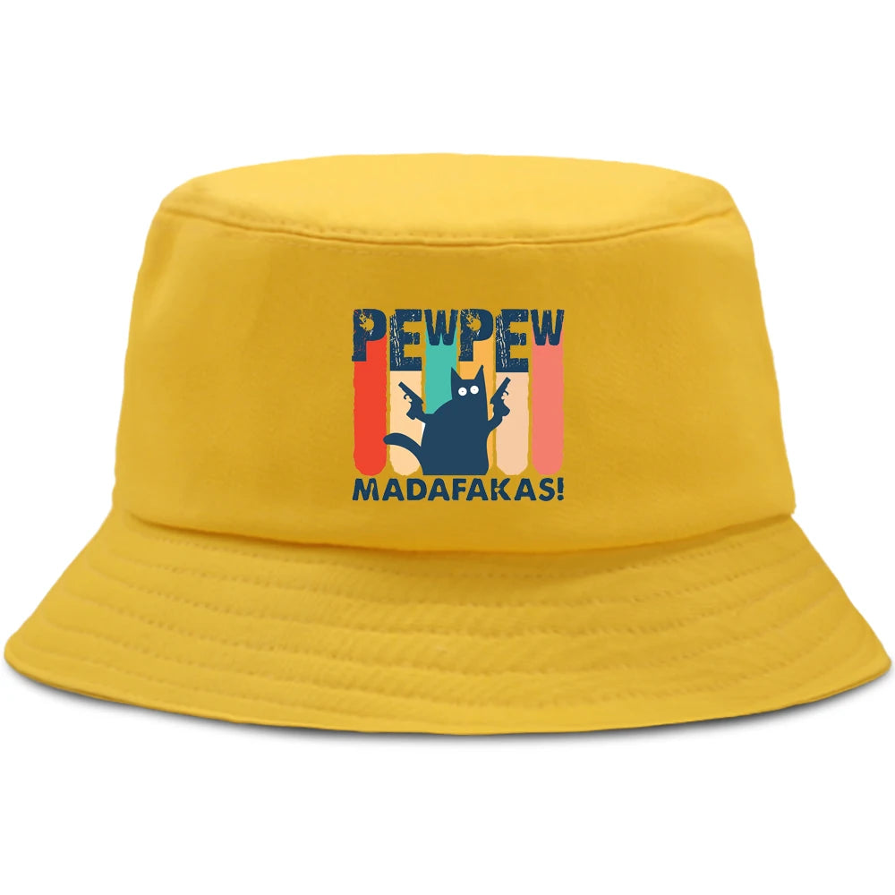 Pew Pew MADAFAKAS Black Cat Bucket Caps Women Street Beach Sun Hat Hip Hop Casual Fisherman Hats Men