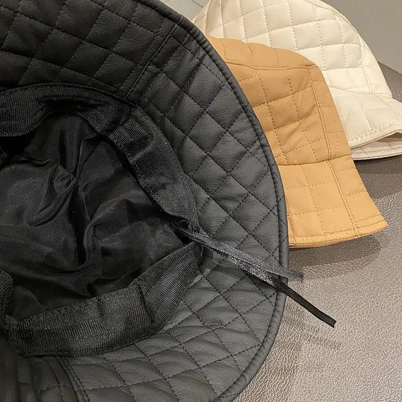 Warm Adult Women Casual PU Leather Plaid Pin Bucket Hat