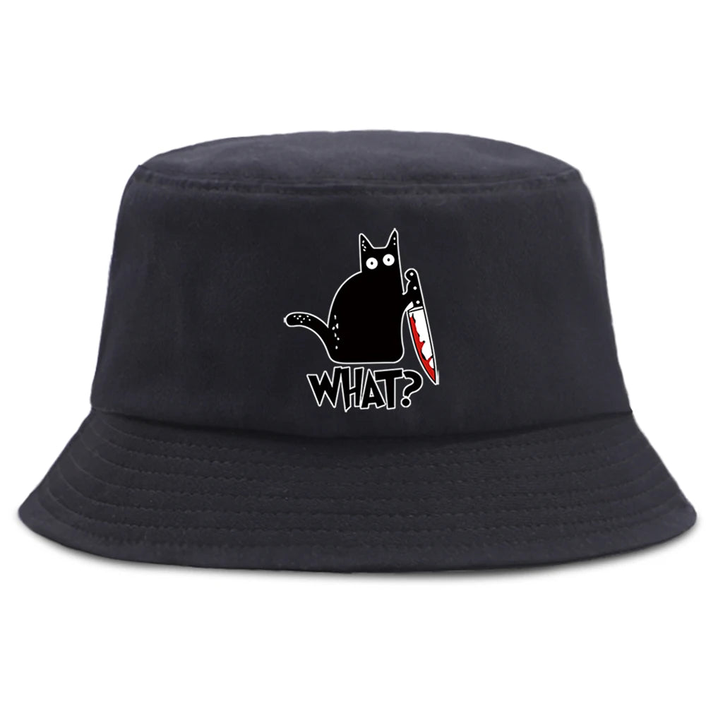 Little Black Cat And Knife Funny Letter Men Panama Hat Unisex Fashion Bucket Hats For Man Women