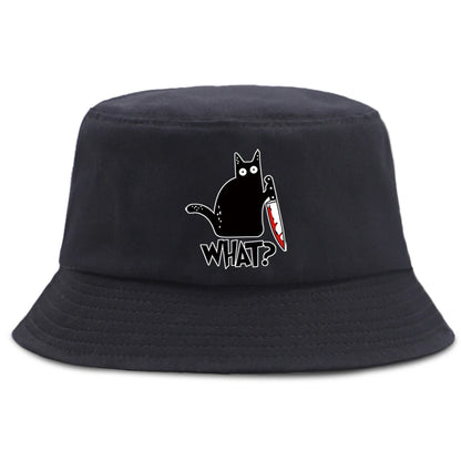 Little Black Cat And Knife Funny Letter Men Panama Hat Unisex Fashion Bucket Hats For Man Women
