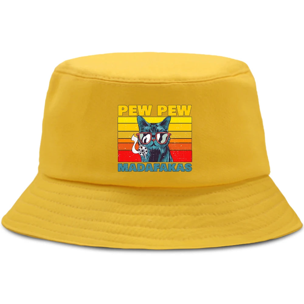 Pew Pew MADAFAKAS Black Cat Bucket Caps Women Street Beach Sun Hat Hip Hop Casual Fisherman Hats Men