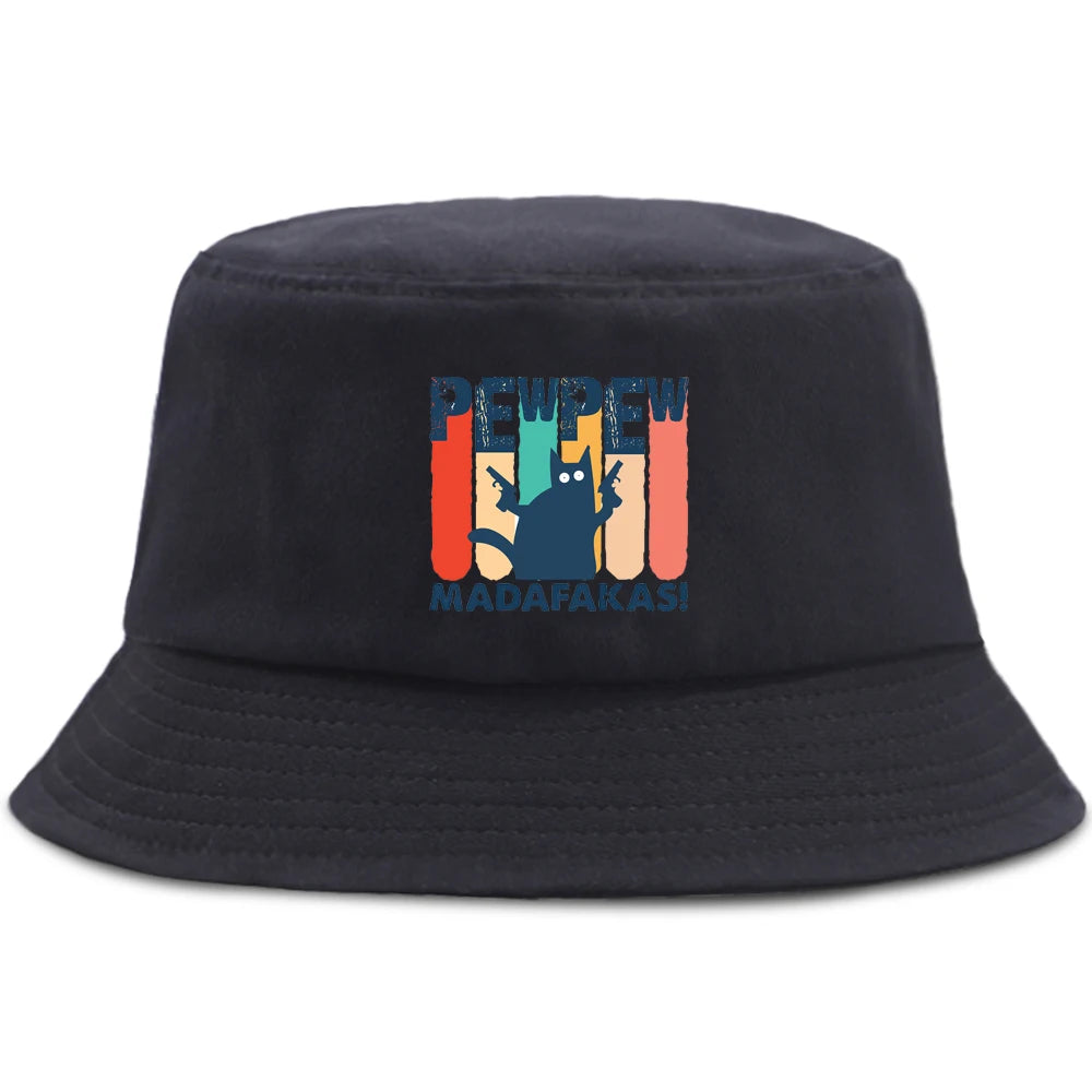 Pew Pew MADAFAKAS Black Cat Bucket Caps Women Street Beach Sun Hat Hip Hop Casual Fisherman Hats Men