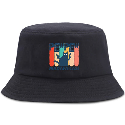 Pew Pew MADAFAKAS Black Cat Bucket Caps Women Street Beach Sun Hat Hip Hop Casual Fisherman Hats Men