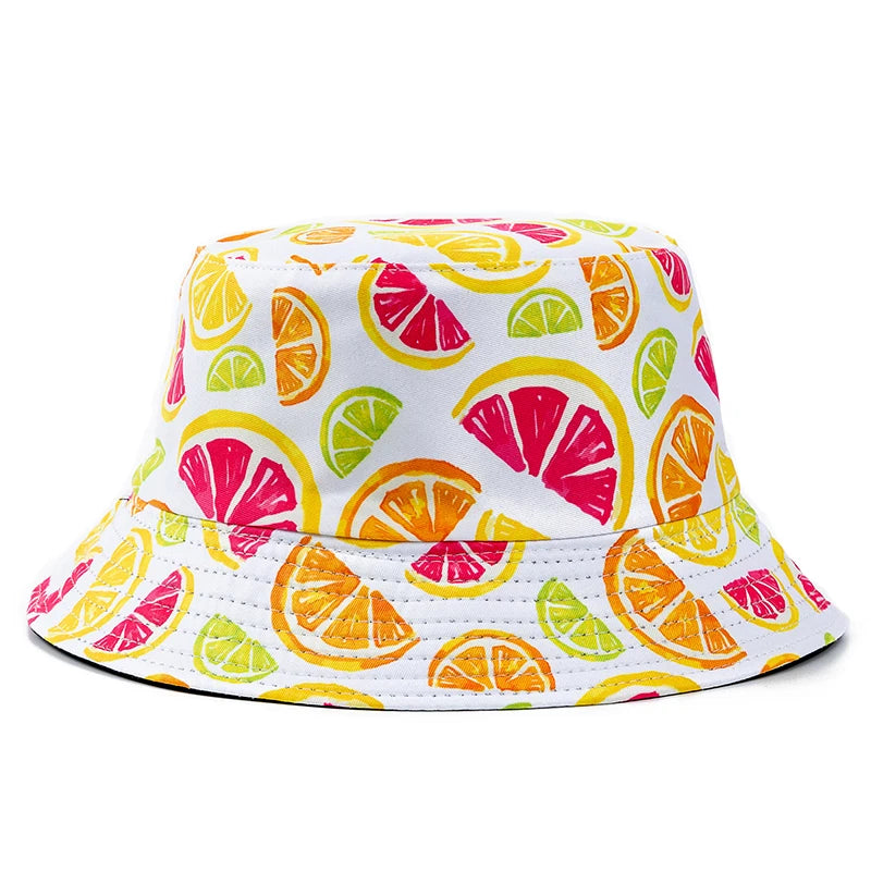 Unisex Bucket Hats Summer Double-Sided Wear Fruit Printing Men Women