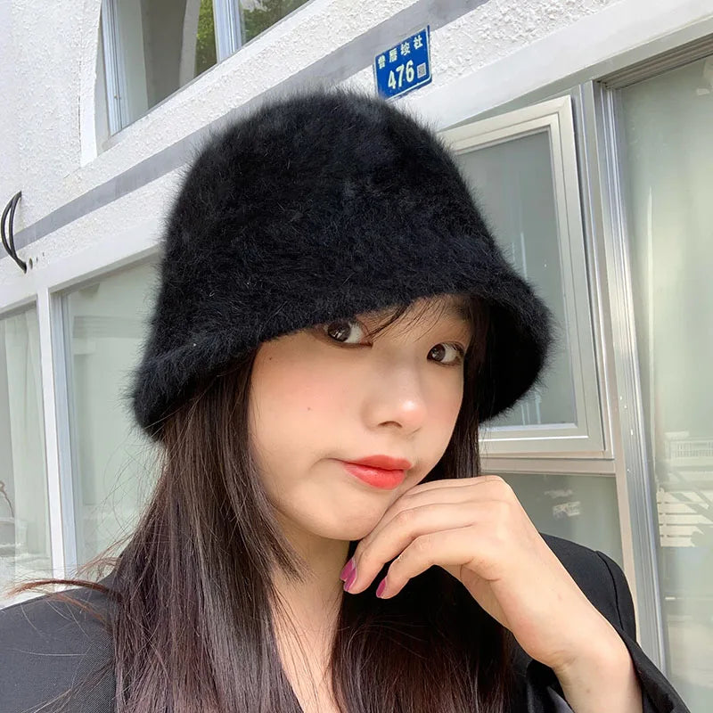New Hat Winter Women's Fashion Solid Color Rabbit Fur Hat Bucket Cap