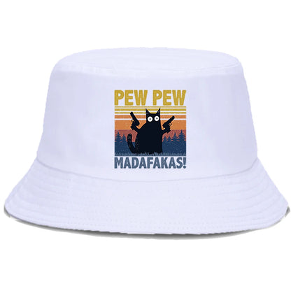 Pew Pew MADAFAKAS Black Cat Bucket Caps Women Street Beach Sun Hat Hip Hop Casual Fisherman Hats Men
