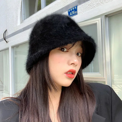 New Hat Winter Women's Fashion Solid Color Rabbit Fur Hat Bucket Cap