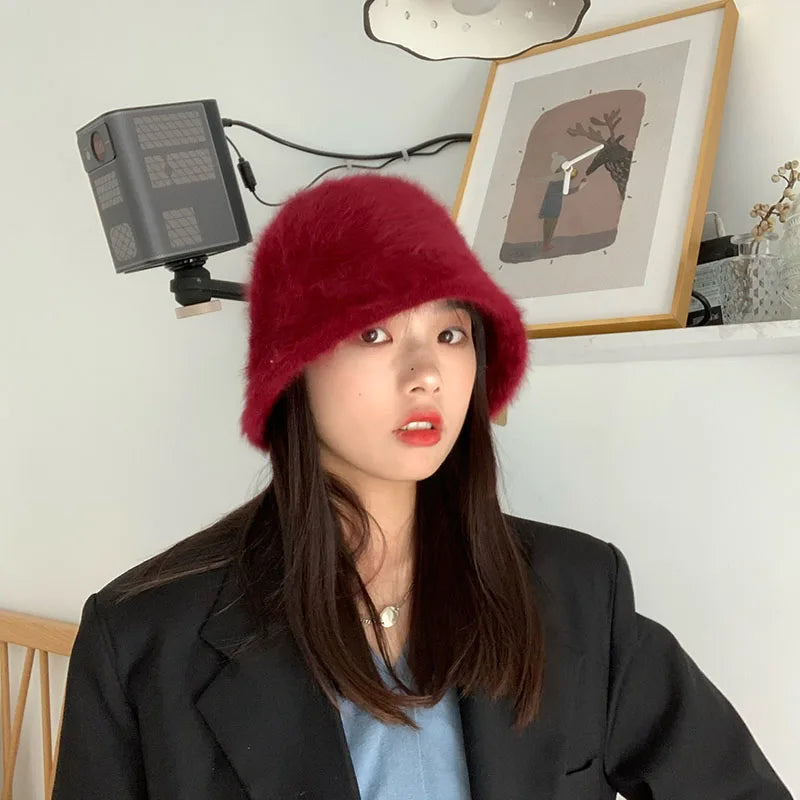 New Hat Winter Women's Fashion Solid Color Rabbit Fur Hat Bucket Cap