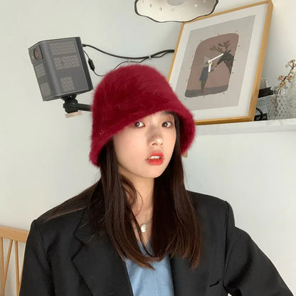 New Hat Winter Women's Fashion Solid Color Rabbit Fur Hat Bucket Cap