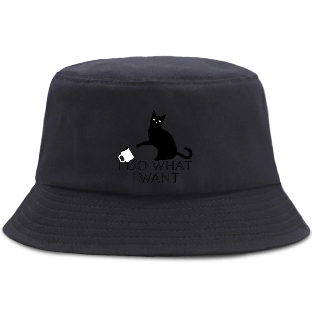 Little Black Cat And Knife Funny Letter Men Panama Hat Unisex Fashion Bucket Hats For Man Women